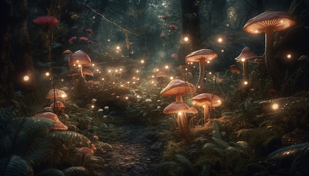 Free photo spooky forest glows with multi colored fungus generated by ai