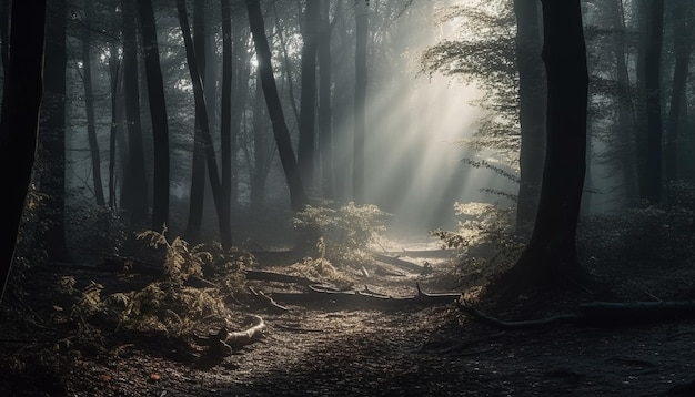 Foto gratuita il misterioso bosco spettrale lascia una scena tranquilla generata dall'intelligenza artificiale