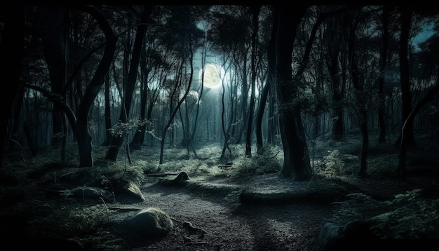 AIによって生成された自然の中で不気味な森の謎の恐怖の美しさ