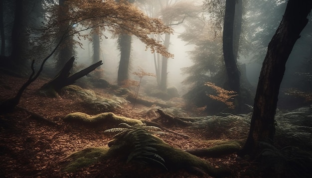 Spooky forest mystery tranquil beauty in nature generated by AI