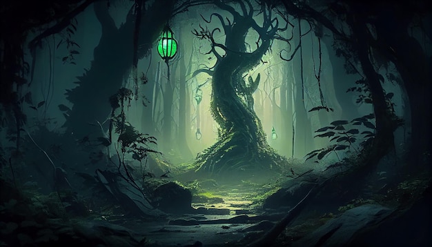 Жуткий ночной лес, полный таинственного генеративного ИИ