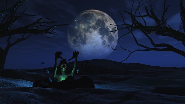 3D визуализации жуткий фон Хэллоуин с зомби извергающийся из земли