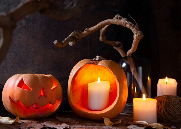 Spooky halloween carved pumpkin lantern