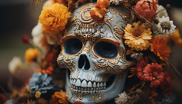 Spooky Halloween decoration death skulls pumpkins and autumn leaves generated by artificial intelligence