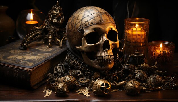 Spooky Halloween night old candle dark table human skull generated by artificial intelligence