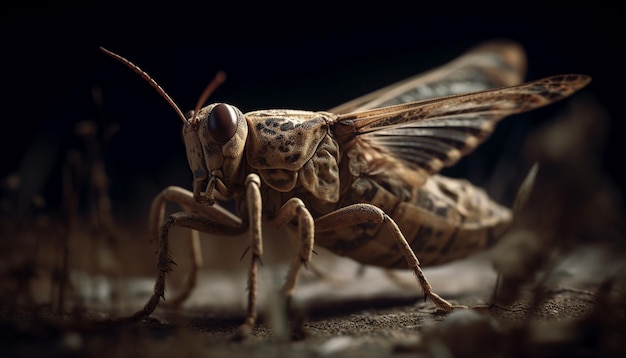 Spooky locust leg on green plant leaf generated by AI