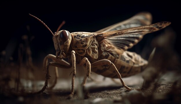 Spooky locust leg on green plant leaf generated by AI