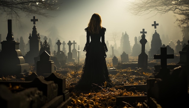 Free photo a spooky night one person walks among tombstones in darkness generated by artificial intellingence