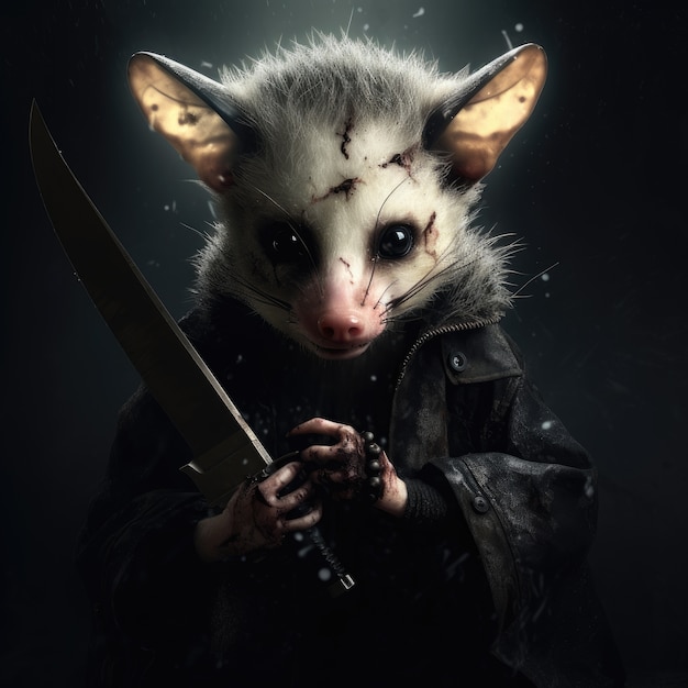 Un opossum spaventoso con un coltello