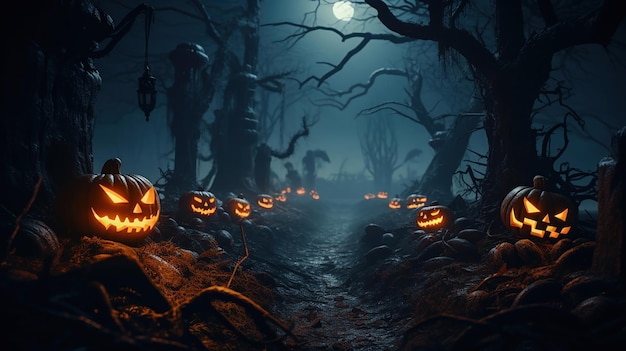 Free photo spooky pumpkins under the mystique of moonlight in a forest