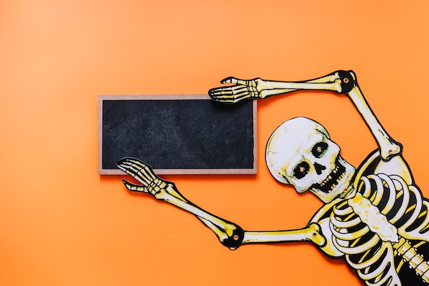 Free photo spooky skeleton with chalkboard