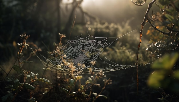 AI によって生成された秋の森で不気味な蜘蛛の巣が露を捕らえる