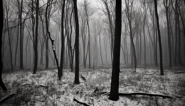 AI によって生成された神秘的な霧の中に不気味な木の幹のシルエット