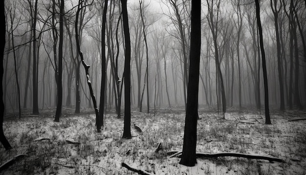 Жуткий силуэт ствола дерева в таинственном тумане, созданный ИИ