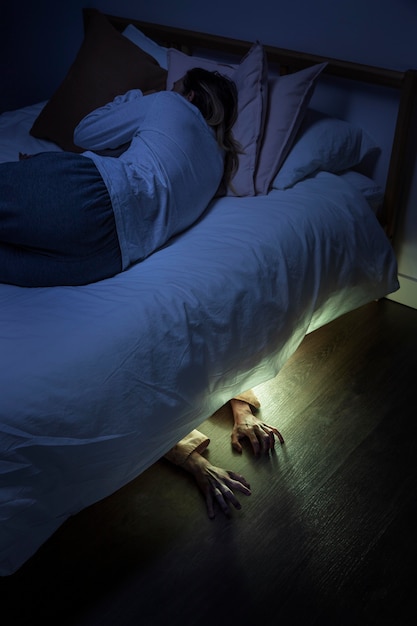 Spooky zombie hands under the bed