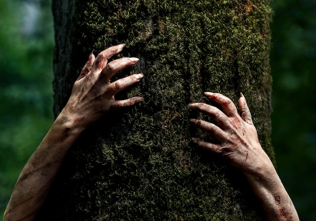 Free photo spooky zombie hands in nature