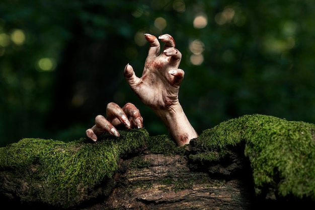 Foto gratuita mani spettrali di zombie in natura