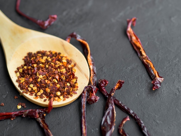 Spoon full of spices on black background