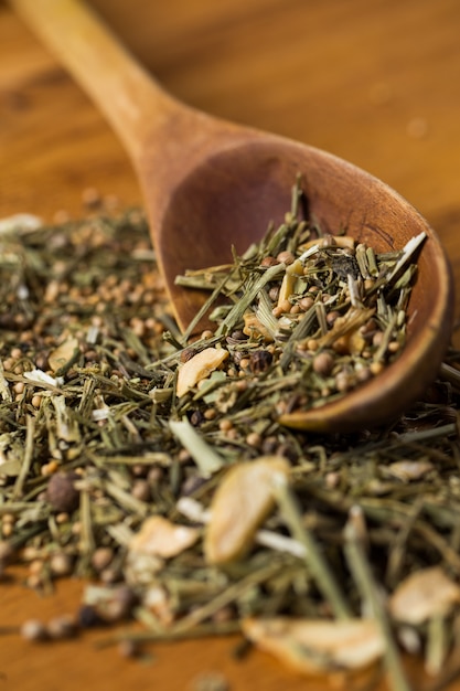 Spoon and heap of greens on the table