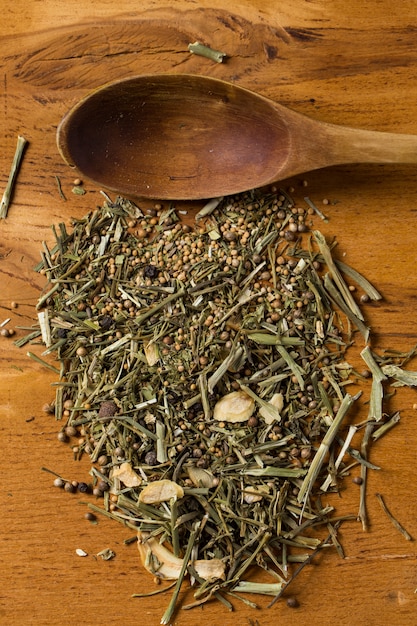 Spoon and heap of greens on the table