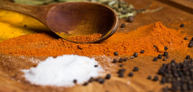 Spoon and heap of spices on the table