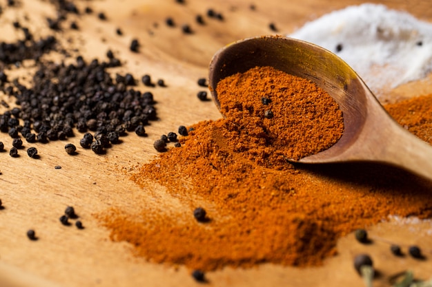 Spoon and heap of spices on the table