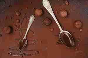 Бесплатное фото Ложки с шоколадным сиропом, трюфелями и какао-порошком