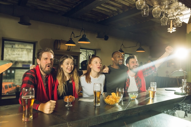 Free photo sport fans cheering at bar, pub and drinking beer while championship, competition is going