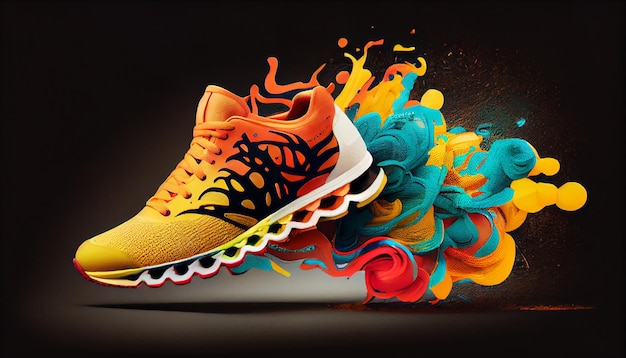 Sports shoe competition in abstract multi color background generated by AI