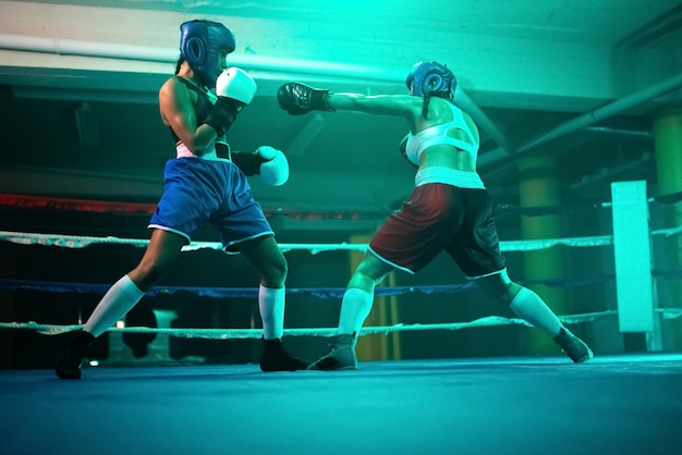 Free photo sporty female boxers improving punches on ring. two girls in sportswear boxing in blue light on ring, making quick blows watching each others hands and reaction. sport activity, womens boxing concept