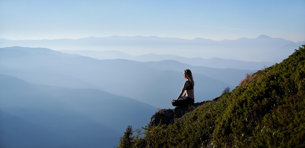 Free photo sporty young woman meditating in mountains