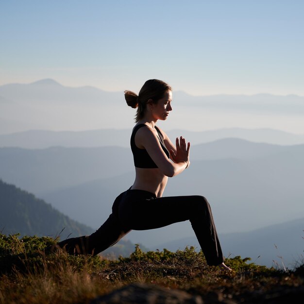 Спортивная молодая женщина, практикующая йогу в горах