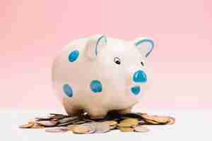 Free photo spotted ceramic piggybank over coins