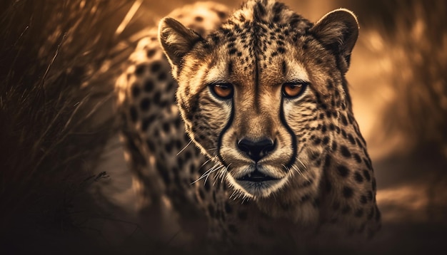 Free photo spotted cheetah staring majestic beauty in nature generated by ai