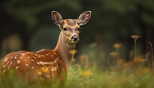 Foto gratuita il cerbiatto maculato pascola tranquillamente nel prato rurale generato dall'intelligenza artificiale