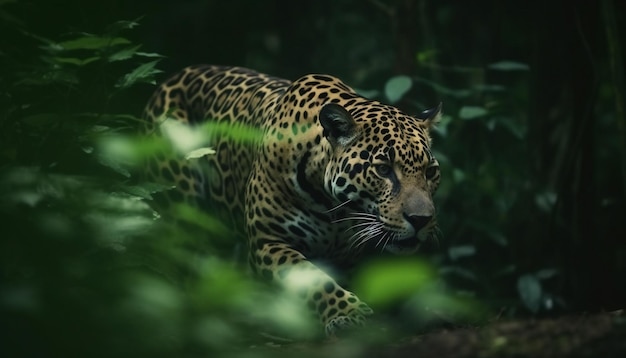 AI によって生成された熱帯雨林の荒野を歩く斑点のあるジャガー