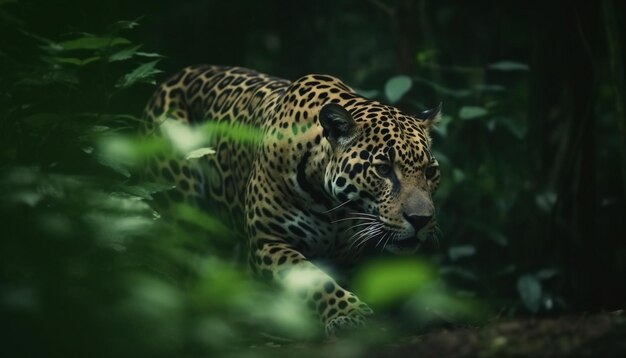 Spotted jaguar walking in tropical rainforest wilderness generated by AI