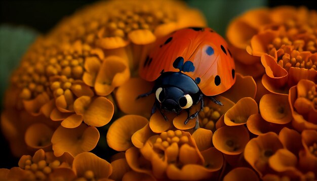 Spotted Ladybug Crawling on Fresh Yellow Daisy generated by AI