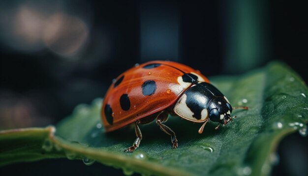 Spotted ladybug crawling on green leaf outdoors generated by AI