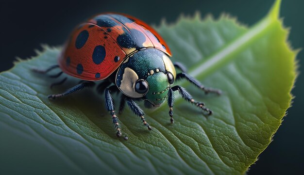 Spotted ladybug crawls on fresh green leaf generated by AI