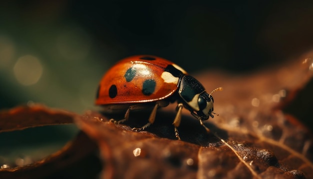 AIが生成した新緑の葉の上をゴロゴロてんとう虫が這う