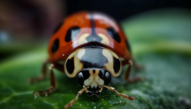 Spotted ladybug crawls on green plant leaf generated by AI