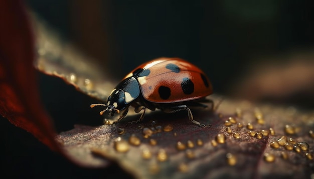 AI によって生成された湿った緑の葉の上をクロールする斑点のあるてんとう虫