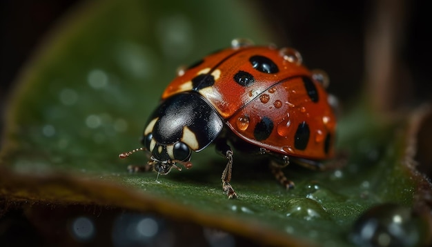 AI によって生成された湿った黄色い花の上を斑点状のてんとう虫が這う