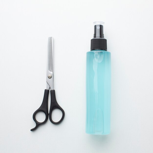 Spray bottle and scissor flat lay