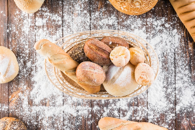 Spread flour over the breads basket on the wooden table