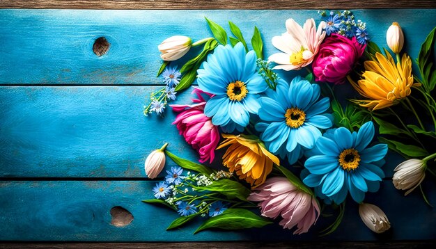 Spring bouquet of flowers on a blue wooden background generative AI