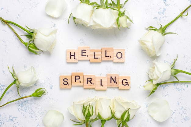 무료 사진 흰 장미와 꽃, 평면도 봄 카드