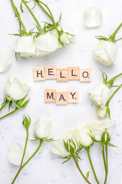 spring card with white roses and flowers ,top view