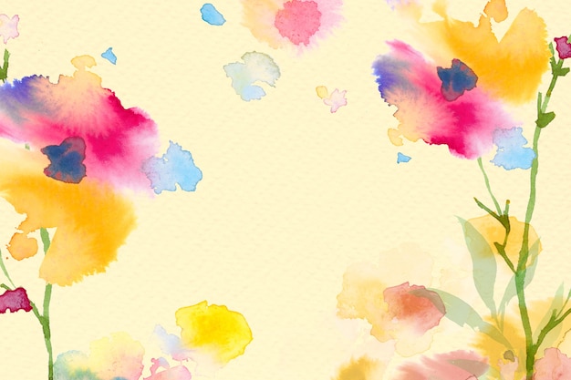Spring floral border background in yellow with flower watercolor illustration